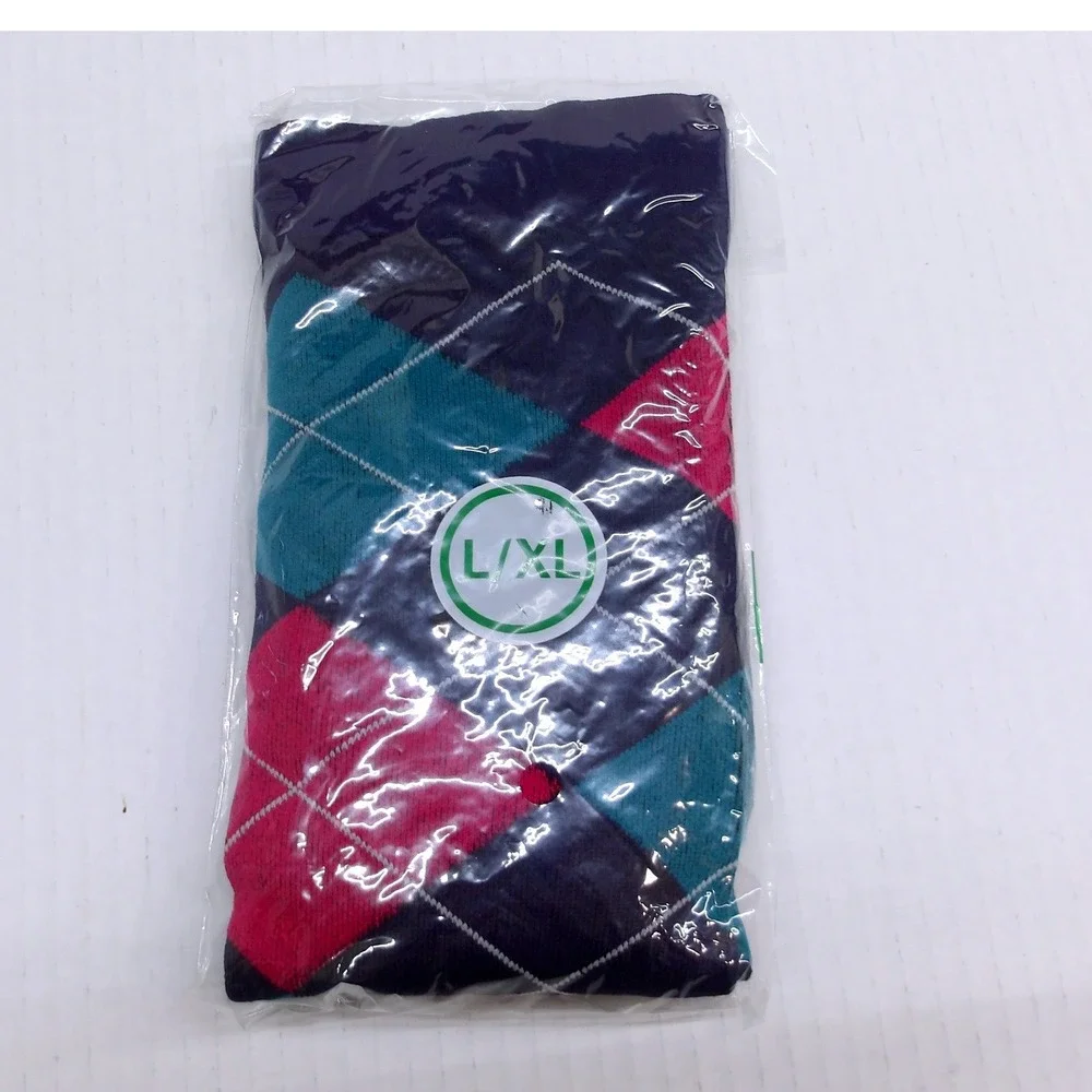 Argyle Pattern Compression‎ Socks LXL Navy Teal Pink Diamond Print L/XL #1372